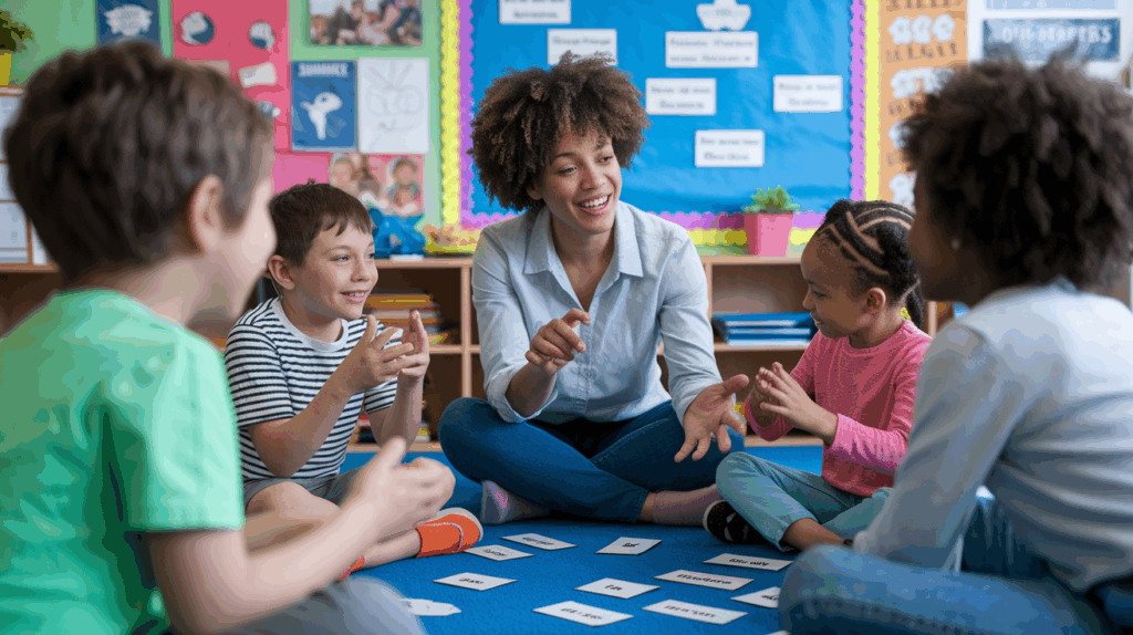 group of children with developmental delays sit in a colorful classroom in San Diego, participating in a social skills group led by a BCBA. 