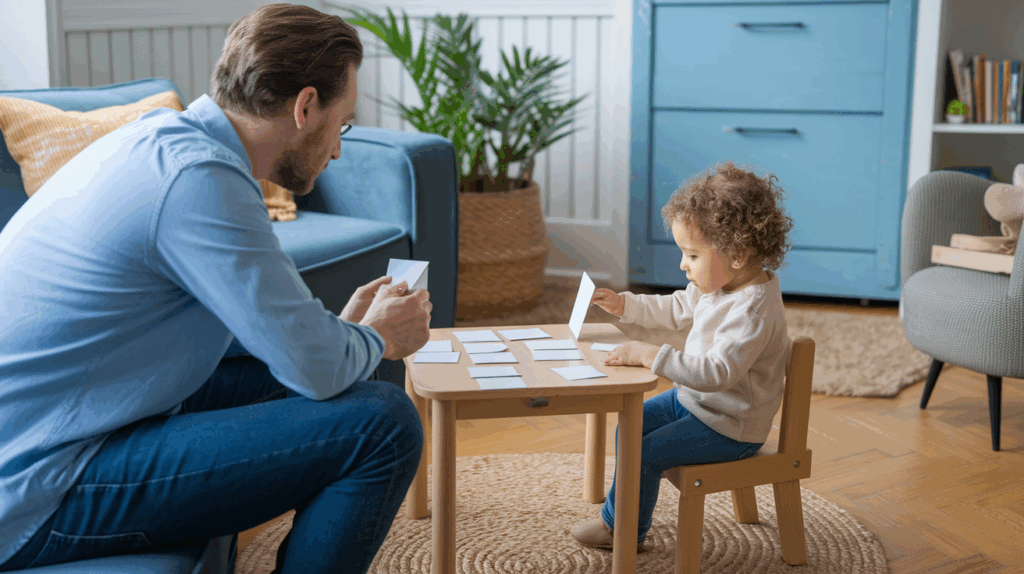 A parent sitting nearby while a therapist works one-on-one with their child using flashcards at a small table. 