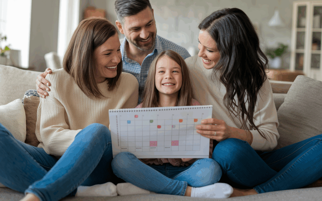 The parents and their child with autism are using a shared calendar and visual communication tools. 