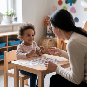 therapist is guiding the child through a matching card activity