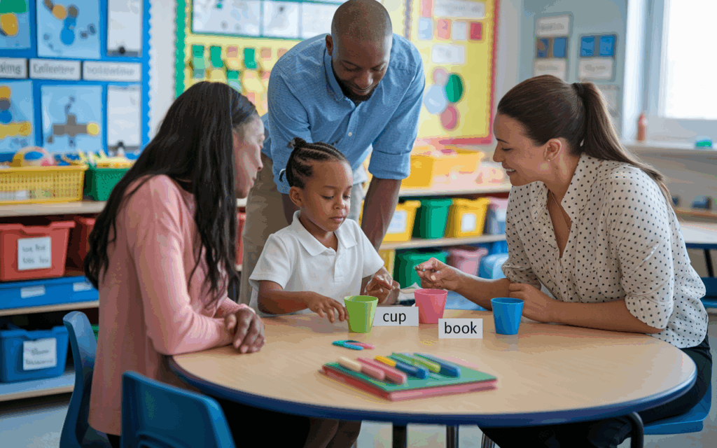 A special education classroom with a child and a therapist working together at a table.