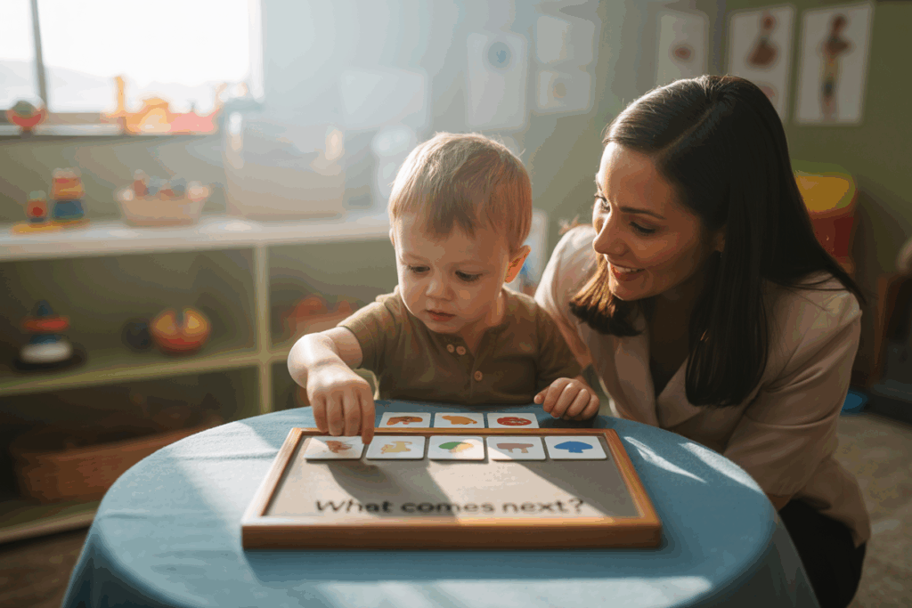 a real ABA therapy session, focusing on a child and therapist interacting at a child-sized table or activity area.