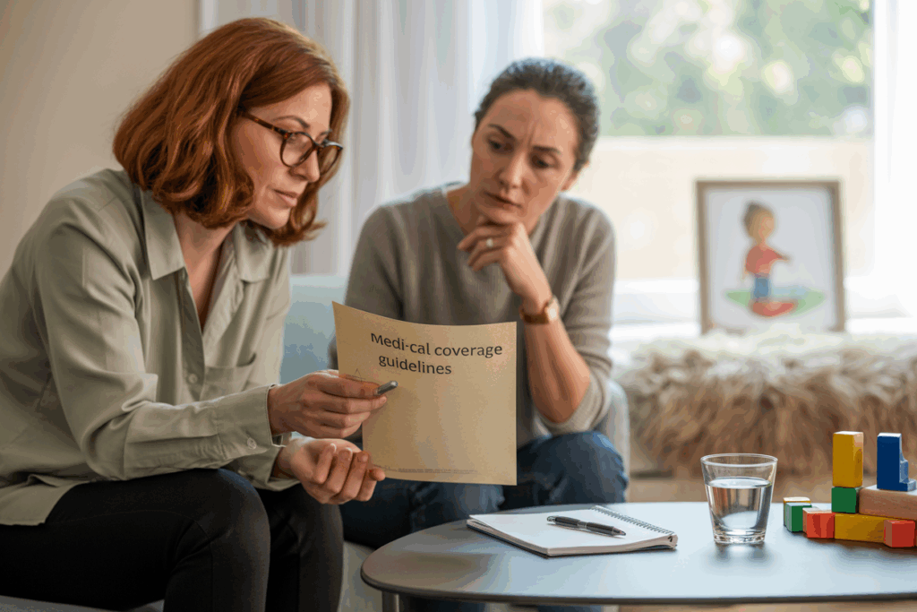 A therapist or administrator sits beside a parent or guardian, pointing out general policy guidelines (e.g., Medi‑Cal coverage) in a non-branded document or form.