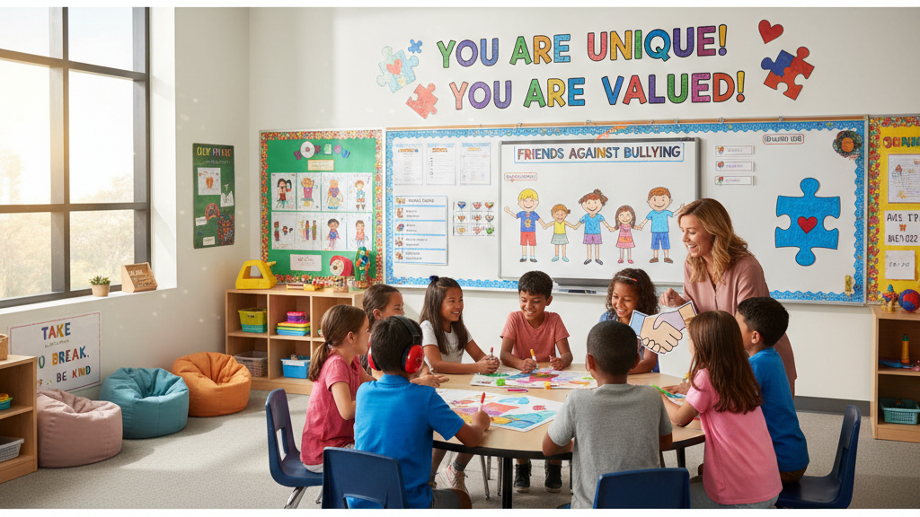 Teacher supporting a student with autism in a classroom during National Bullying Prevention Month
