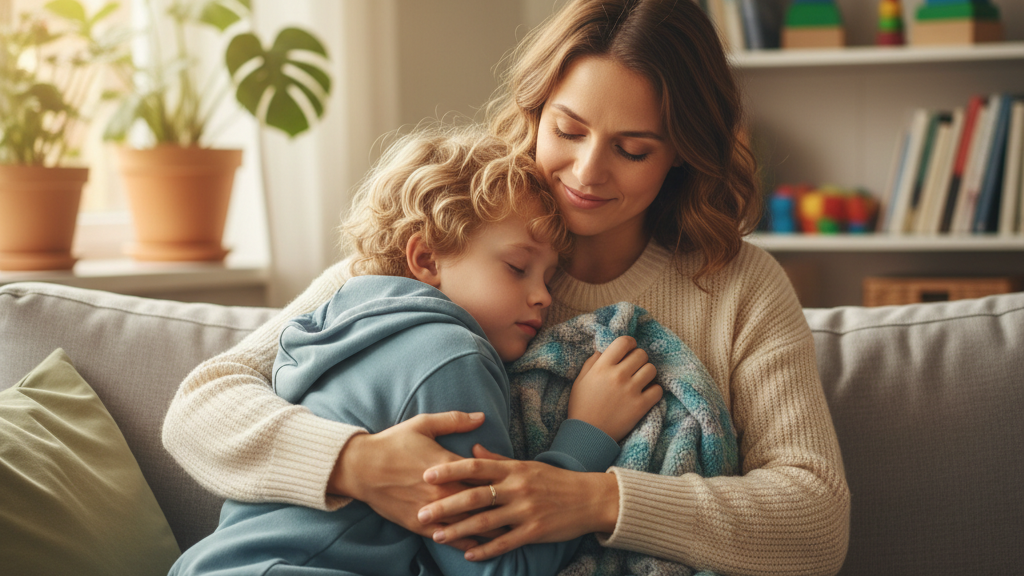 Parent supporting a child with autism while raising awareness about bullying prevention