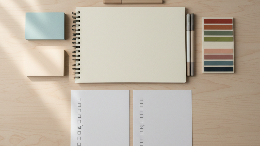Blank planning workspace with notepad and index cards representing ABA goal setting